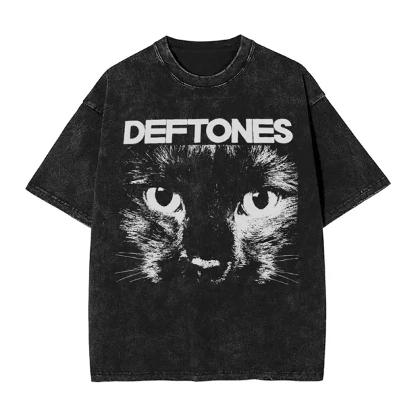 Design Deftones Cat Print Acid Wash Black T-Shirt T-Shirts - 1