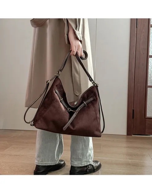 Design Suede Hobo Bag Black with Brown Leather Trim - 19