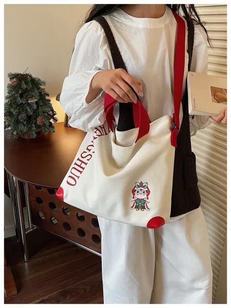 Design ZHENGSHUO Canvas Tote Bag Olive Green with Lion Dance Charm Tote Bag - 34