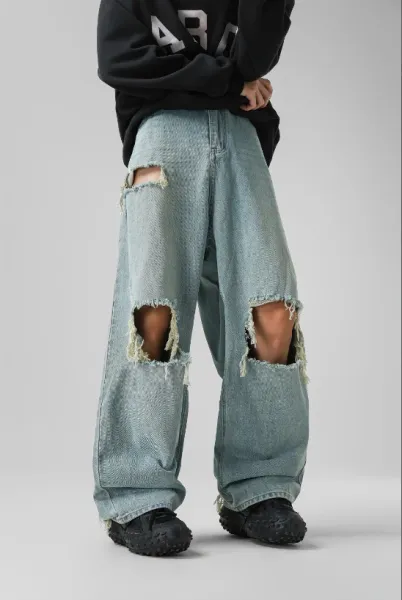 Design Wide-Leg Distressed Denim Jeans Light Wash - 1
