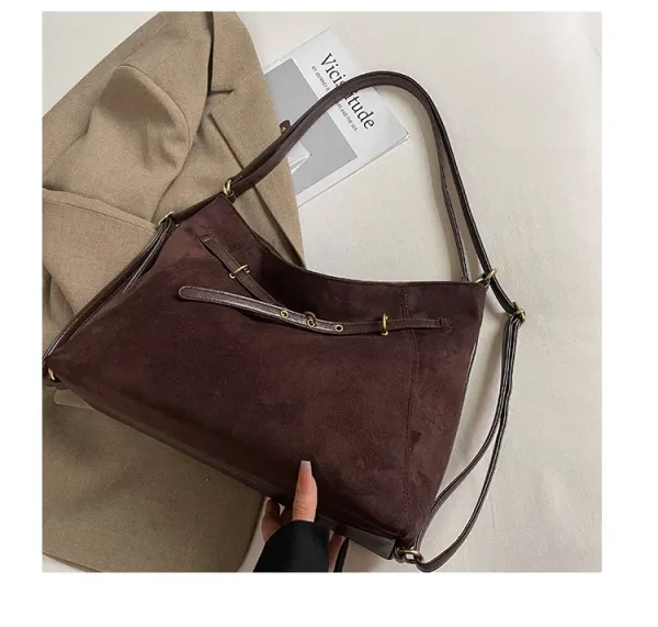 Design Suede Hobo Bag Black with Brown Leather Trim - 35