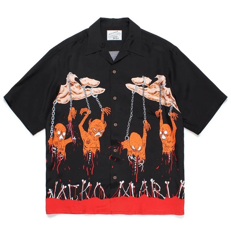 Design Wacko Maria Hawaiian Shirt Black Multicolor Graphic Print Shirt - 6