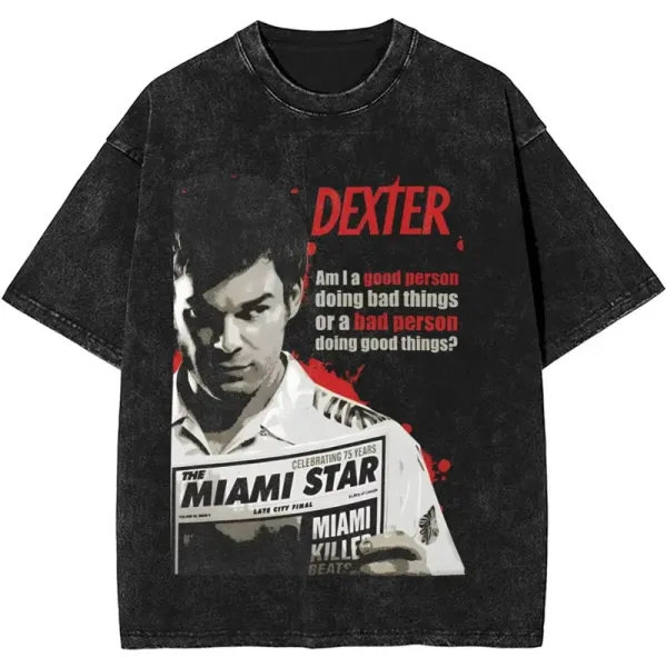 Design Dexter Themed Graphic Print Acid Wash Black T-Shirt T-Shirts - 1