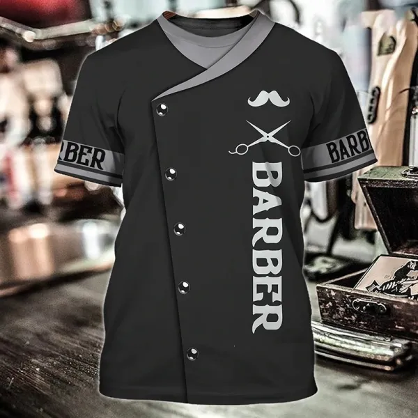 Design Kenny's Hair Studio Chef-Style Uniform Red and Black Shirt - 7