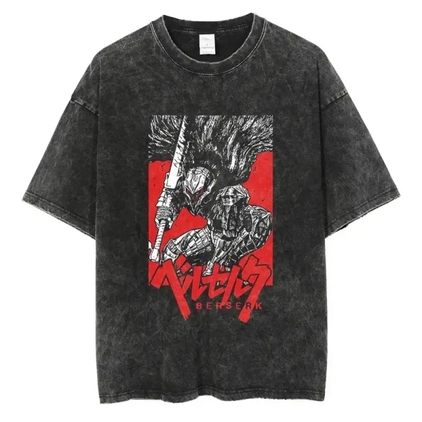 Design Berserk Graphic Print Acid Wash T-Shirt Black T-Shirts - 1