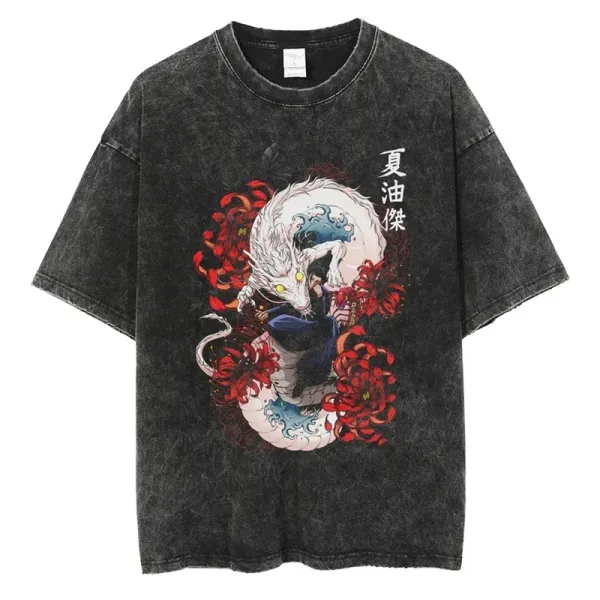 Design Dragon & Chrysanthemum Washed Black T-Shirt - 1