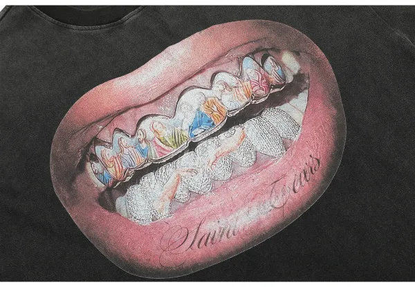 Saint Tears Lips Graphic Washed Black T-Shirt - 7