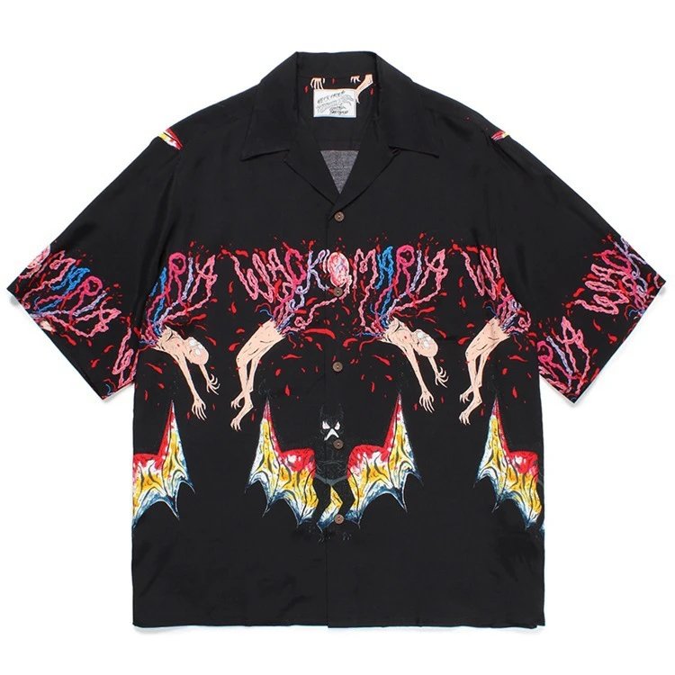 Design Wacko Maria Hawaiian Shirt Black Multicolor Graphic Print Shirt - 8