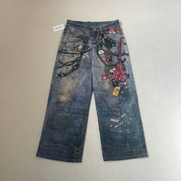 Design Distressed Graffiti-Print Wide-Leg Jeans - 10
