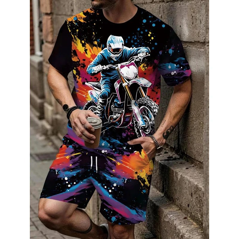 Motocross Graphic Print Multicolor T-Shirt and Shorts