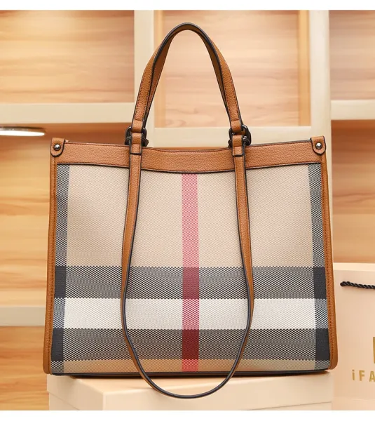 Burberry Check Tote Bag Beige Brown Grid Handbag - 24