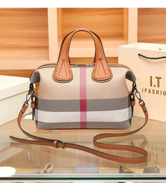 Burberry Check Pattern Boston Bag Beige Brown Handbag - 24