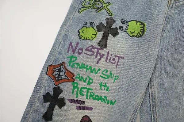 Chrome Hearts x Custom Embroidered Cross Motif Light Wash Jeans - 4