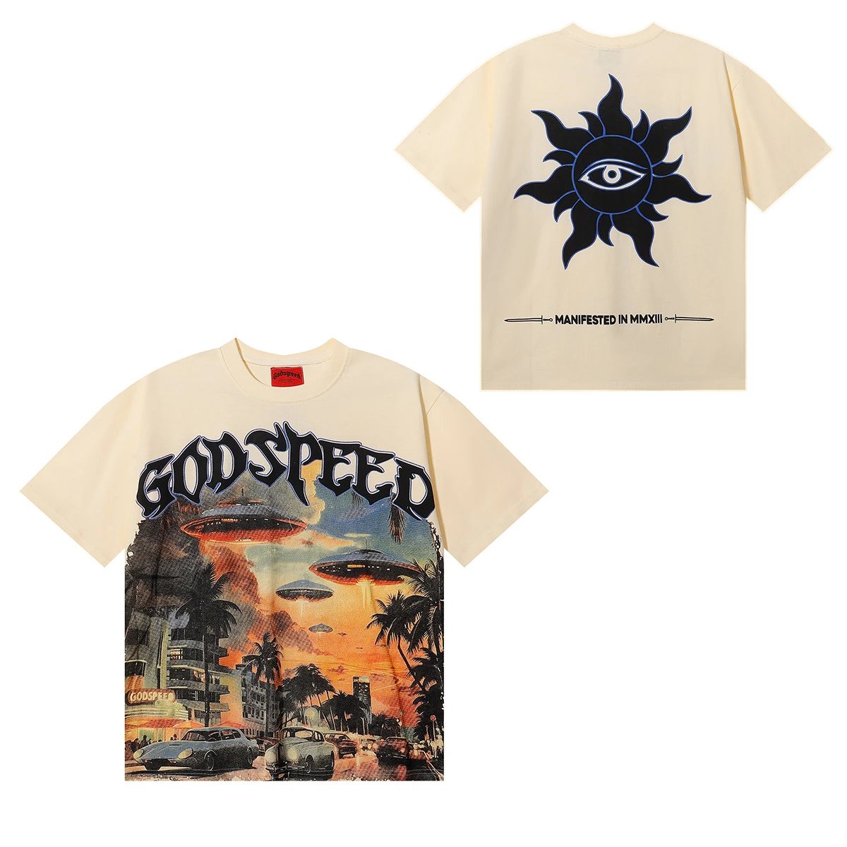 Godspeed UFO Cityscape Graphic T-Shirt Beige
