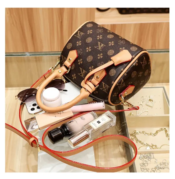 Design Boston Bag with Monogram Print Brown and Beige Handbag - 11