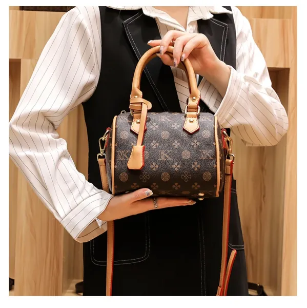 Design Boston Bag with Monogram Print Brown and Beige Handbag - 17
