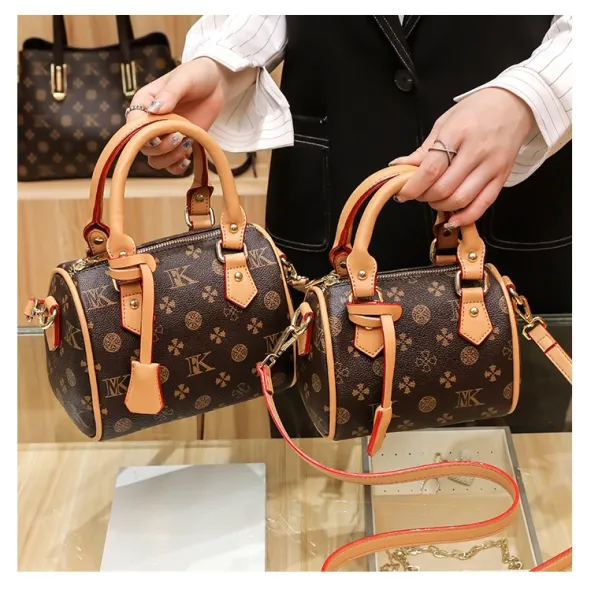 Design Boston Bag with Monogram Print Brown and Beige Handbag - 22