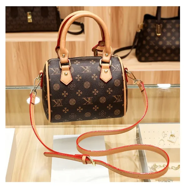 Design Boston Bag with Monogram Print Brown and Beige Handbag - 27
