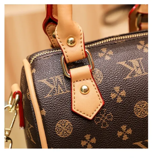 Design Boston Bag with Monogram Print Brown and Beige Handbag - 33