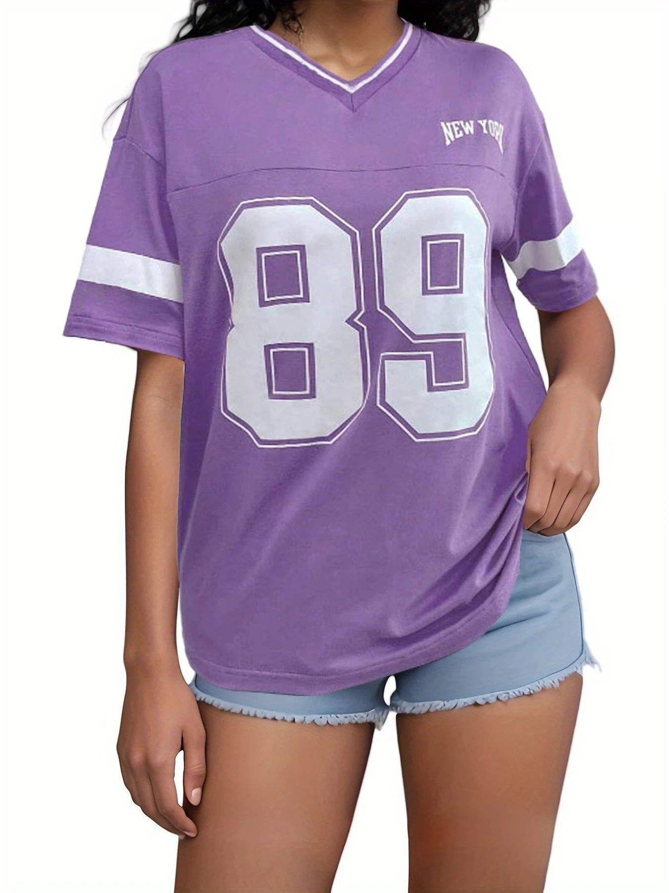 Design Football Jersey Style T-Shirt Purple with '89' and 'New York' Print - 12