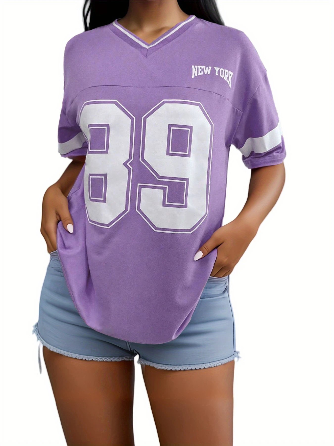 Design Football Jersey Style T-Shirt Purple with '89' and 'New York' Print - 13