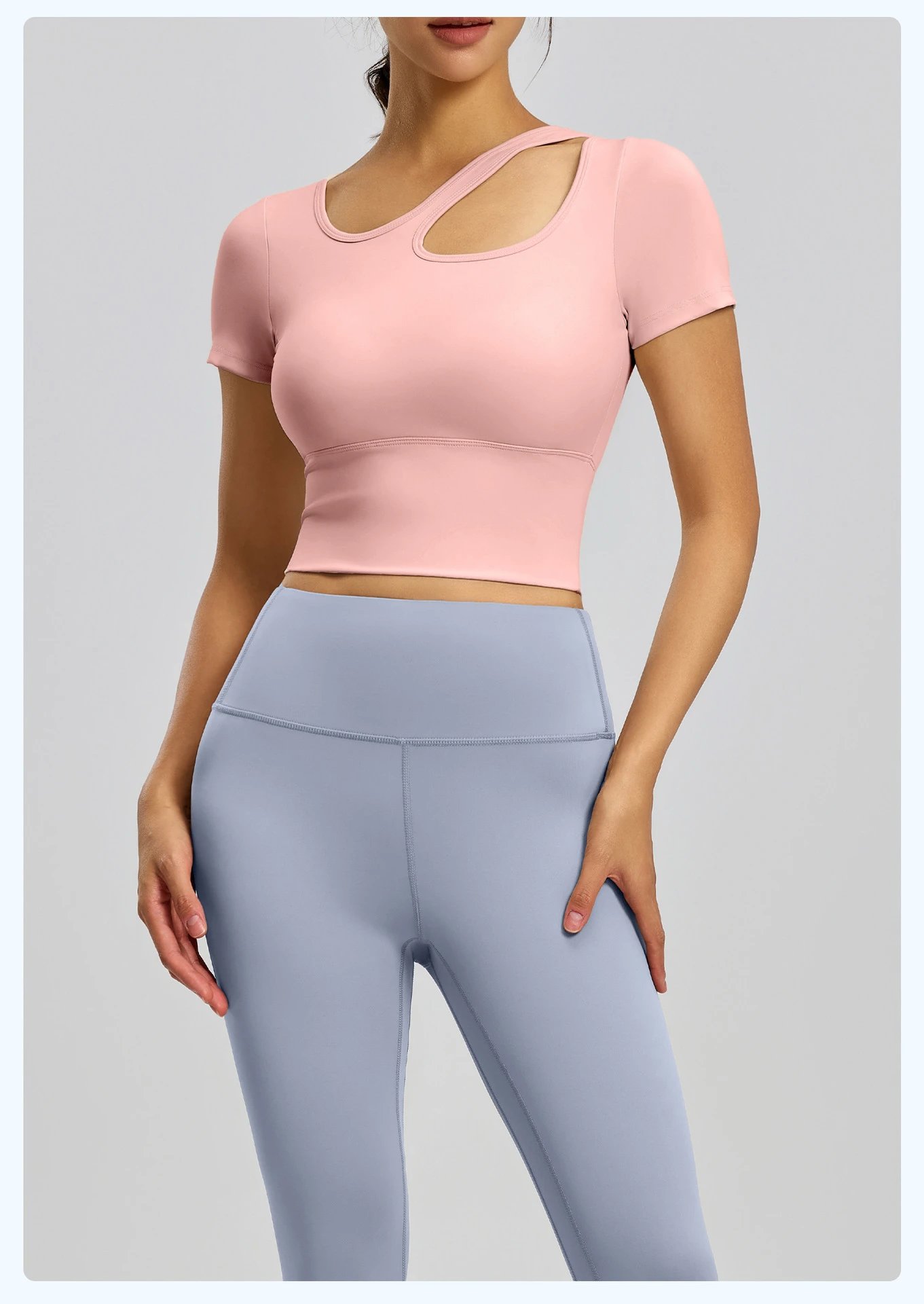 Design Cut-Out Crop Top and High-Waist Leggings Set in Ballet Pink + Gray Lake Blue Activewear - 28