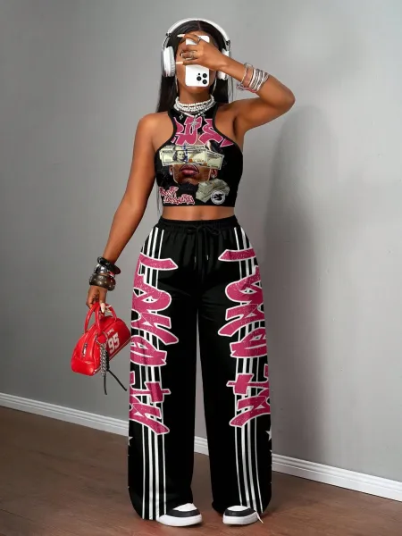 Design California 23 Graphic Crop Top and Wide-Leg Sweatpants Set Black - 12