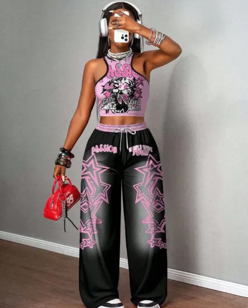 Design California 23 Graphic Crop Top and Wide-Leg Sweatpants Set Black - 27