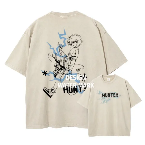 Design Hunter Anime Graphic Oversized T-Shirt Beige - 1