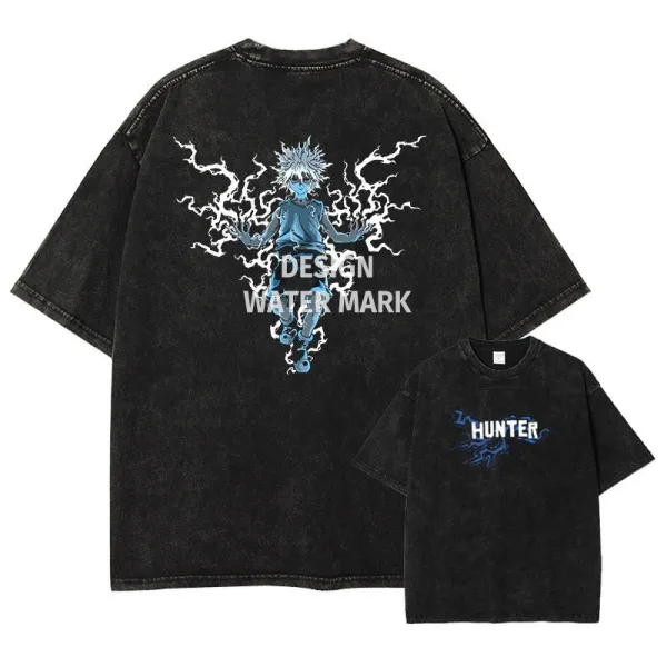 Design Hunter x Nenji Electric Blue Graphic Washed Black T-Shirt - 1