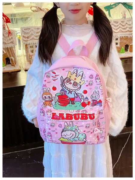 Design Labubu Pink Gingham Cartoon Print Mini Backpack - 14