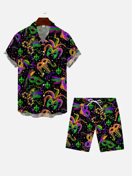 Design Mardi Gras Fleur-de-Lis Print Short-Sleeve Shirt and Shorts Set Multicolor Sets - 2