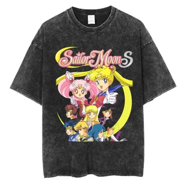 Design Sailor Moon S Group Cast Acid Wash Black T-Shirt T-Shirts - 1