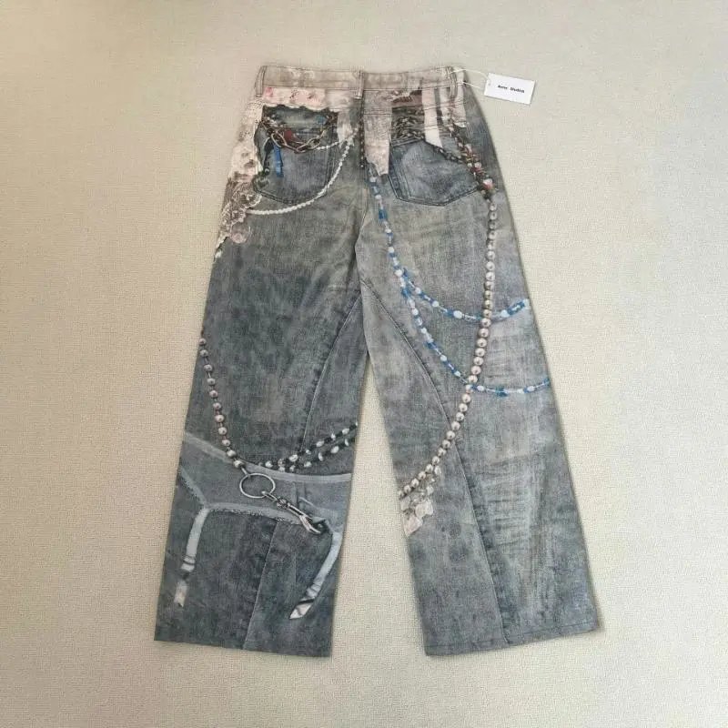 Design Distressed Graffiti-Print Wide-Leg Jeans - 42