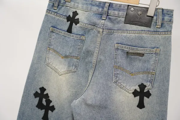 Chrome Hearts x Custom Embroidered Cross Motif Light Wash Jeans - 3