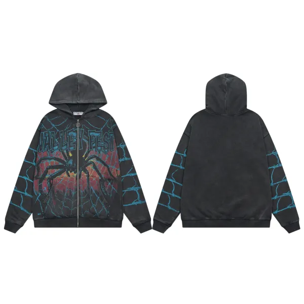 Design Valley Fest Spider Web Graphic Zip-Up Hoodie Black Hoodie - 1