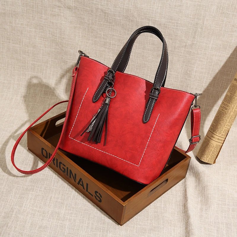 Design Tassel Detail Red Leather-look Tote Handbag Tote Bag