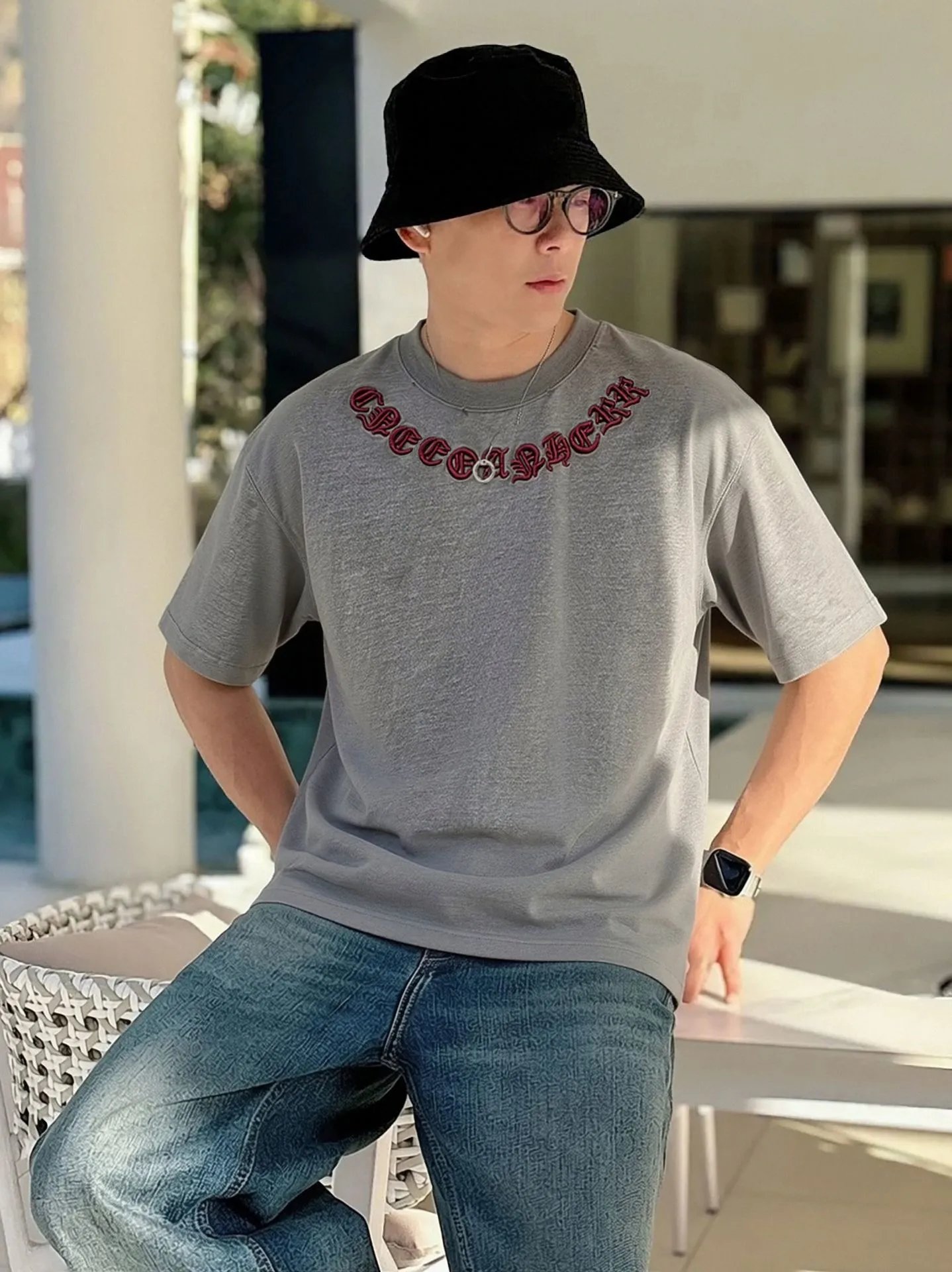 Chrome Hearts Gothic Embroidered Gray T-Shirt - 5