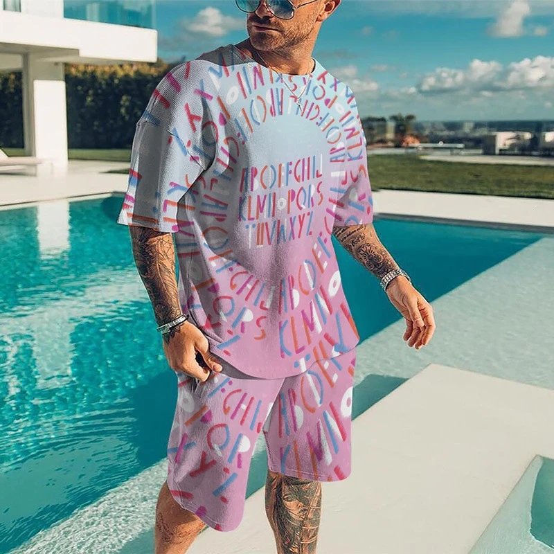 2026 Men's T-Shirt Set Striped Letter Casual Sports Style 3D Digital Print Suit Hot Selling Short Sleeve