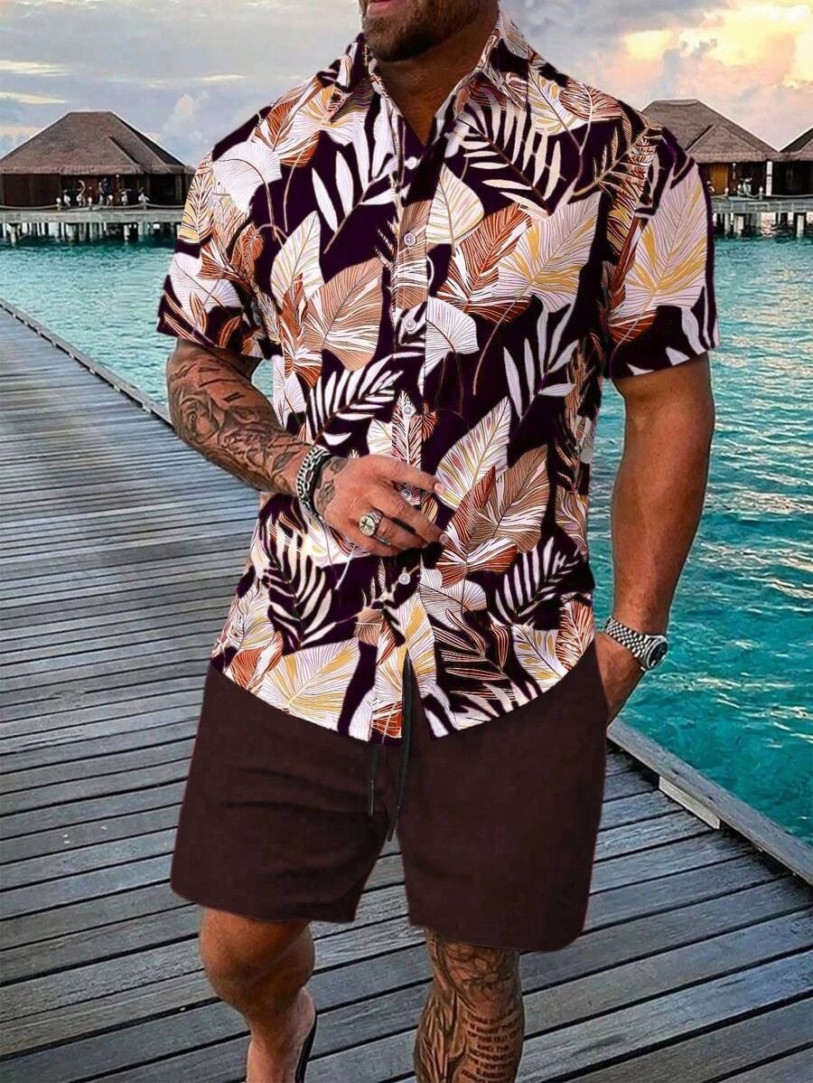 Design Hawaiian Print Button-Up Shirt Navy Yellow Shorts Set - 11