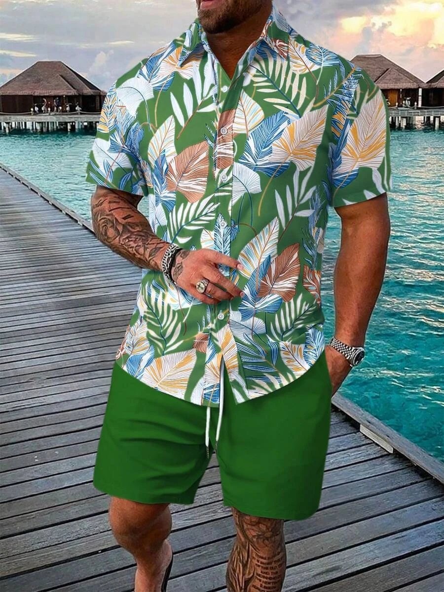 Design Hawaiian Print Button-Up Shirt Navy Yellow Shorts Set - 15