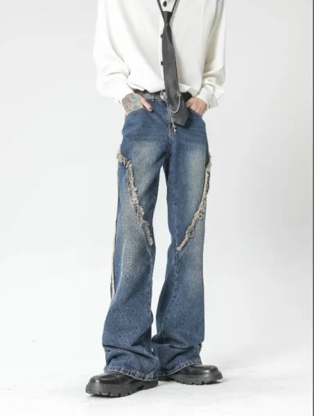 Design Distressed Wide-Leg Denim Jeans Blue - 1