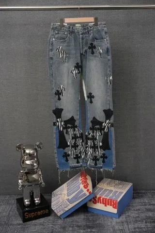 Chrome Hearts x Denim Tears Cross Motif Distressed Jeans Blue - 1