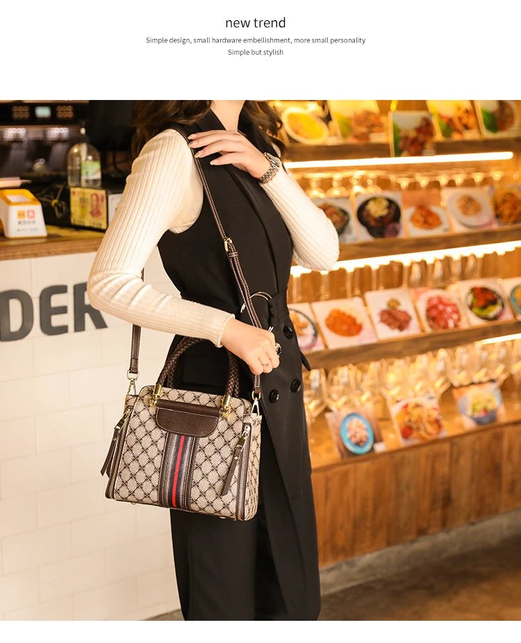 Design Quilted Diamond Pattern Handbag with Striped Strap Beige Brown Red Handbag - 17
