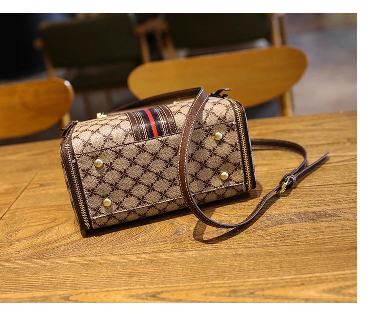 Design Quilted Diamond Pattern Handbag with Striped Strap Beige Brown Red Handbag - 25