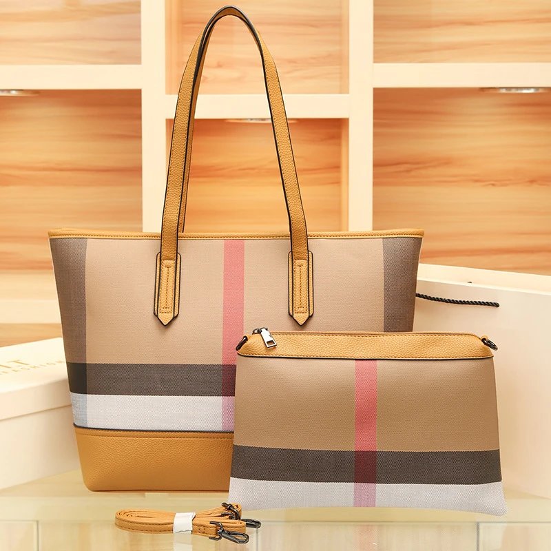 Burberry Check Tote Bag and Pouch Set Beige Multicolor Handbags