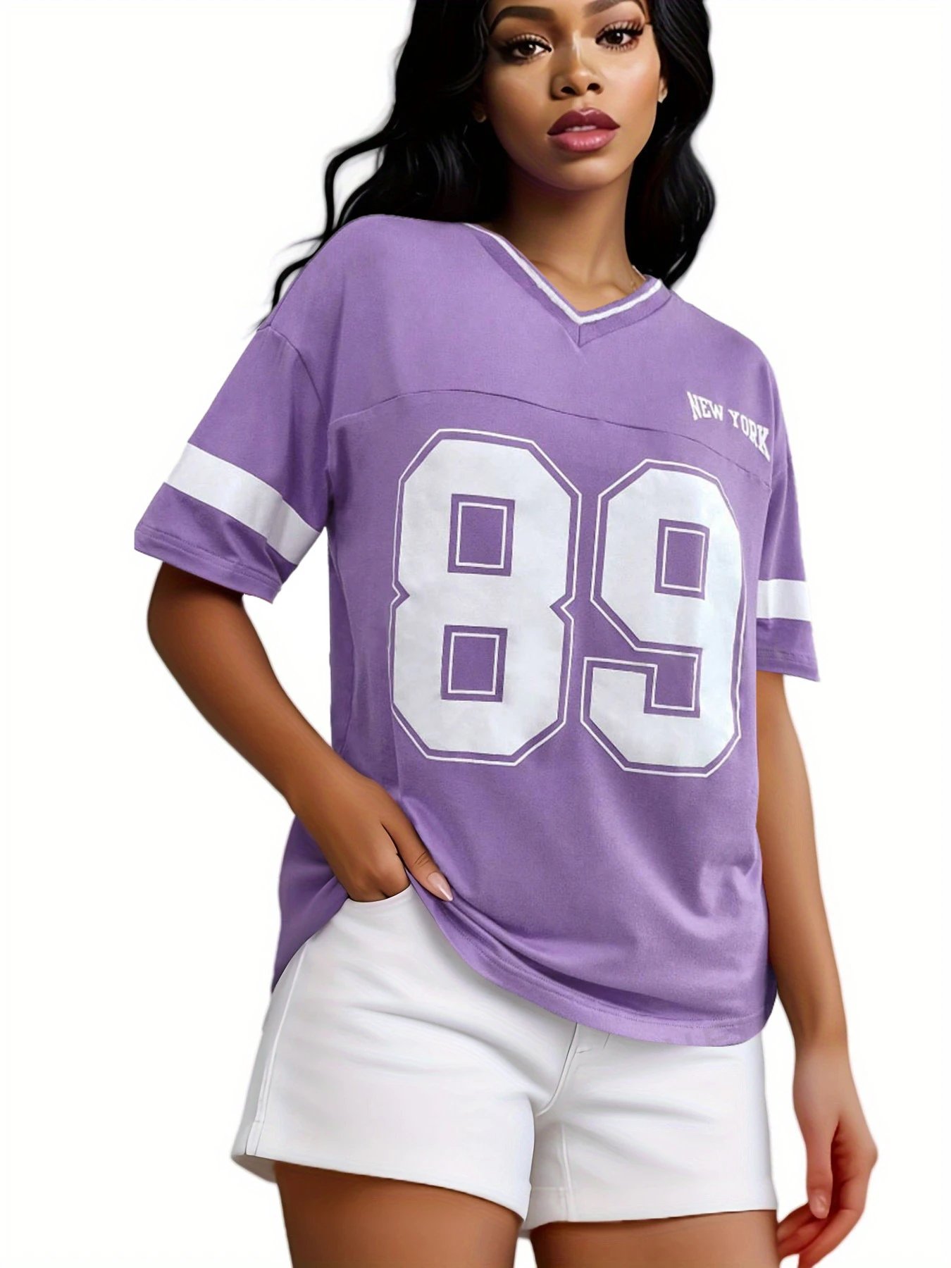 Design Football Jersey Style T-Shirt Purple with '89' and 'New York' Print - 11