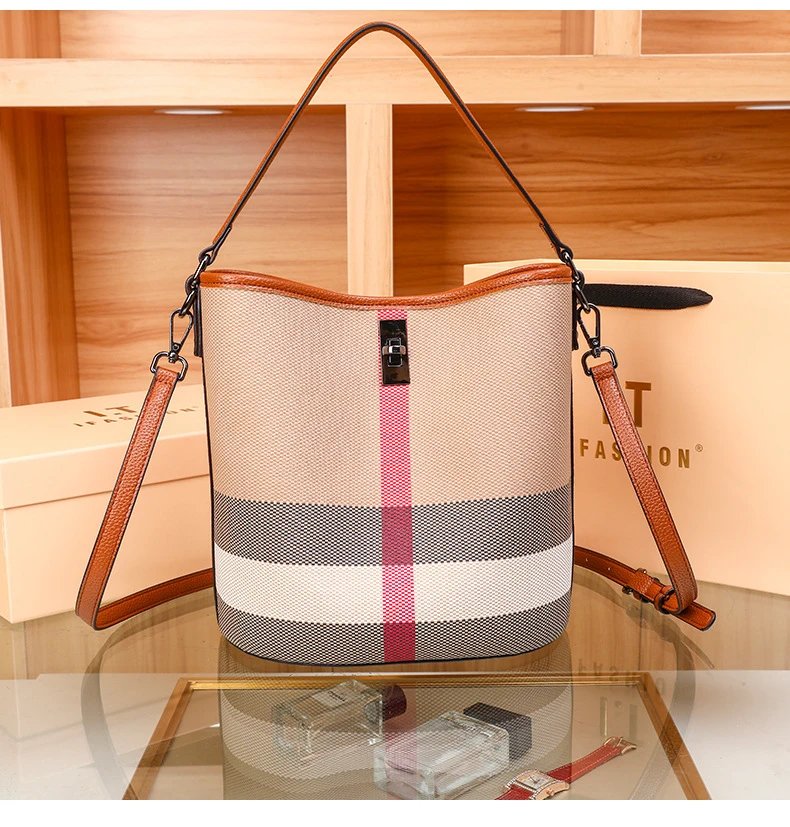 Burberry Check-Print Canvas Hobo Bag with Leather Trim in Beige and Pink Shoulder Bags - 16
