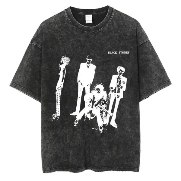 Design Black Stones Band Graphic Acid Wash T-Shirt T-Shirts - 1