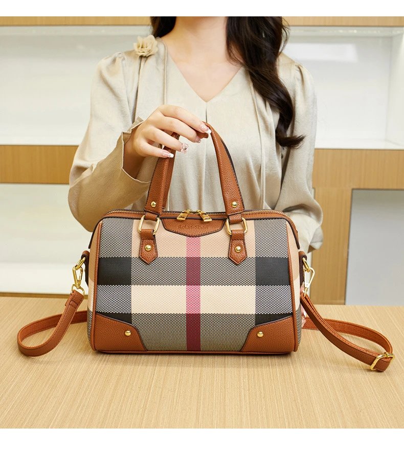 Burberry Check Print Boston Bag in Beige and Brown - 4